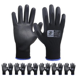 HANDLANDY 6 Pairs PU Coated Nylon Black Protective Work Gloves, Non-slip Flexible Gloves for Construction, Warehouse, Gardening, Large