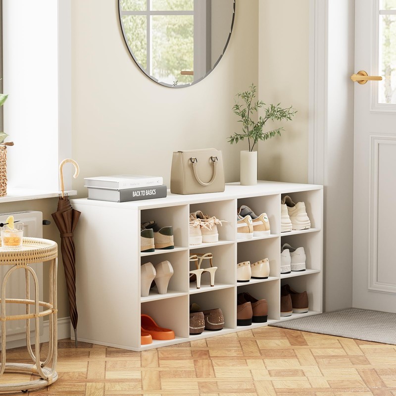 12-Cubby Shoe Rack, 3-Tier Wood Shoe Organizer, Multifunctional Shoe Organizer