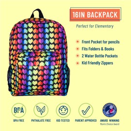 Wildkin 16-Inch Kids Backpack for Boys & Girls, Perfect for Elementary School Backpack, Features Padded Back & Adjustable Strap, Ideal Size for School & Travel Backpacks (Rainbow Hearts)