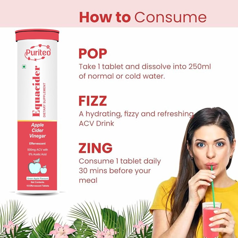 PURITEO-EQUACIDER Apple Cider Vinegar Effervescent with The Mother, Vegan, No