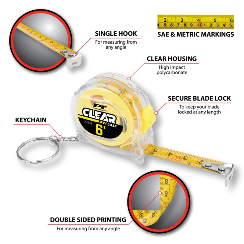 Performance Tool 20233 6' Clear Mini Tape Measure, SAE &