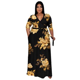 FANDEE Plus Size Women's Maxi Dress Floral Print Casual 3/4 Sleeve V Neck with Belt