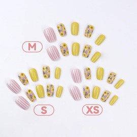 Flower Press on Nails Short Square Fake Nails Yellow False Nails Press ons with Designs Striped Sunflower Glossy Full Cover Acrylic Glue on Nails Artificial Stick on Nails for Women Decoration