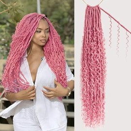 Boho Faux Locs Crochet Hair 30 Inch Goddess Locs 8 Packs Boho with Curly Ends Pre-looped Long Bohemian River Locs Crochet Hair for Black Women(30Inch,PINK)