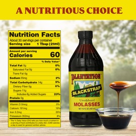 Plantation Blackstrap Molasses 15 oz Bottle – Unsulphured, Rich Robust Flavor for Baking, Cooking & Beverages; Natural Sweetener.