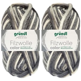 2 x 50 g Gründl Felt Wool Colour Made from 100% Pure Virgin Wool Including Instructions for Pot Holders (20 Black, Grey, White, Multicolour)
