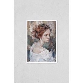 Poster Reproduction of Portrait of a young, dreamy girl with curly brown hair on a mysterious abstract background. She looks very mystical and thoughtful. Palette knife technique of oil painting