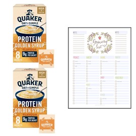 Oat Porridge Bundle which Contains Quaker Protein Oat So Simple Golden Syrup Porridge Sachets 8x43g - Pack of 2 with Grocery List Card