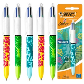 Bic 4 Colours Velour Retractable Multi-Coloured Ballpoint Pens, Medium Point 1.0mm, Velvet Soft Touch Jungle Barrels, Pack of 5