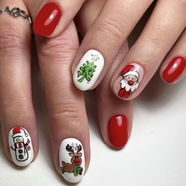 Boloshine Christmas False Nails, 24Pcs Short Press on Nails, Red Acrylic Full Cover Fake Nails Reusable, Christmas Tree Snowmen Santa Nail Decoration for Women Girls