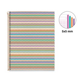 Miquelrius - Notebook A4 (210 x 297 mm), squared 5 mm, 120 sheets 70 g/m², cardboard cover, 4 coloured stripes, copper spiral, Feeling Mallorca collection, zigzag