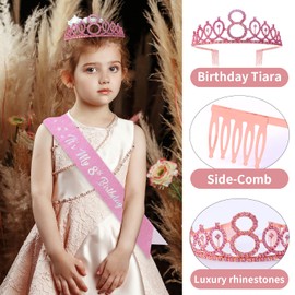 Dimetey 8th Birthday Crown & Sash Set, 8th Birthday Decorations Girl (Pink)