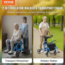 2 in 1 Rollator Walker & Transport Chair for Seniors, 300LBS 702 - Blue