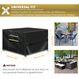 BEEWAY Garden Furniture Cover, Waterproof, Protective Cover for Garden Tables, Patio Furniture Sets - 420D Oxford Fabric, Anti-UV, Winterproof, 125 x 125 x 72 cm