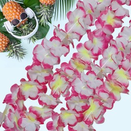 Leis for Luau Party, 8 Pcs Hawaiian Leis Flower 2 Color, Necklace Headband Wristband, Beach Party Favors Flamingo Floral Orange White Blue Accessories for Women Men (Blue 1Set+ Pink 1Set=8Pcs)