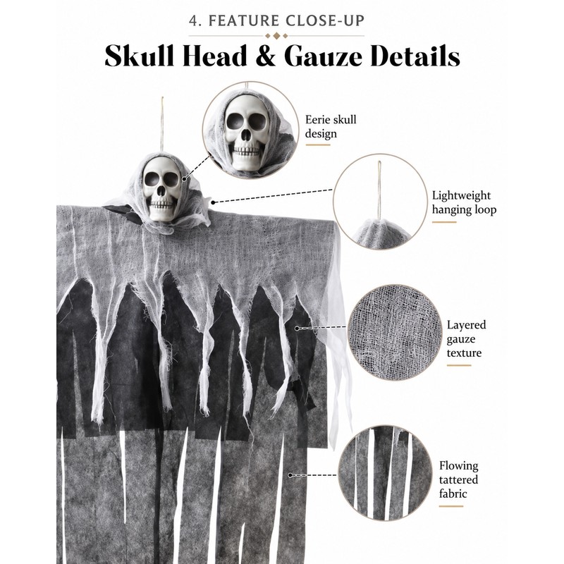Hanging Skeleton Ghost for Halloween Decor – Gauze Skull Prop