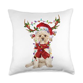 Santa Morkie Dog Reindeer Christmas Lights Throw Pillow