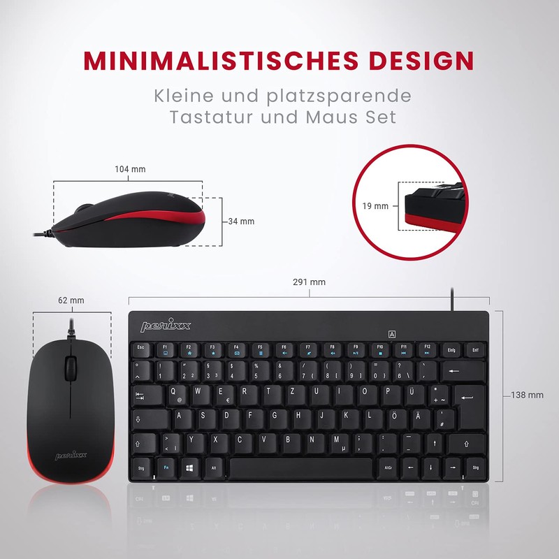 Perixx PERIDUO-212B DE, Kompaktes Mini Tastatur und Maus Set, USB-Kabel,