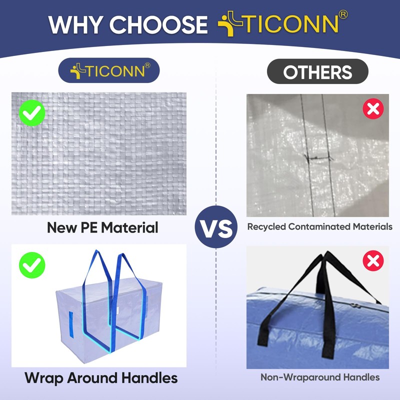 TICONN 4 Pack Extra Large Moving Bags with Zippers &