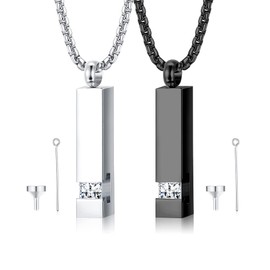 Finrezio 2 Pieces Cremation Urn Pendant Necklace for Memorial Stainless Steel Black Silver Ash Necklace Jewellery Keepsake with Zirconia, Stainless Steel, No Gemstone