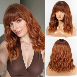 WOKESTAR Bob Wigs With Neat Fringe, Wavy Synthetic Wigs for Women Copper Gingger Color