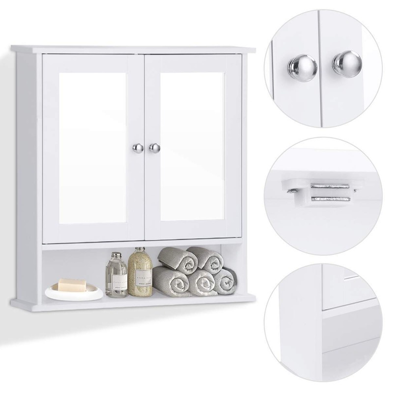 Multi-Function Toilet Wall Cabinet with Double Mirror Doors, Space-Saving Storage,