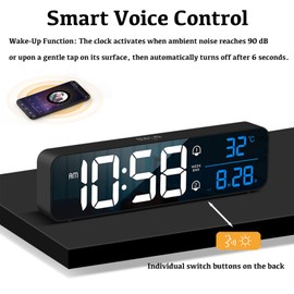 Digital Clock, Large Display LED Alarm Clock for Living Room Bedroom Office, Rechargeable Wall Clock, Sound-Activated, Snooze, Date & Temp Display, 40 Tones, 2 Alarms, 4 Volume, 5 Brightness Dimmer