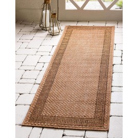 Unique Loom Outdoor Border Collection Casual Greek Key Transitional Indoor and Outdoor Flatweave Light Brown Runner Rug (2' 0 x 6' 0)
