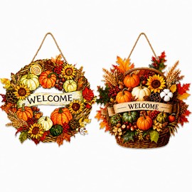 2-Piece Fall Door Decor Set, Welcome Wreath and Harvest Basket Signs