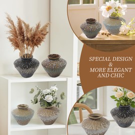 Janpu Ceramic Rustic Vase, Antique Ceramic Decorative Farmhouse, Short Vase for Home Decor, Living Room, Shelf Decor, Enterway, Wedding, Table Decor, (Light Blue and Yellow)