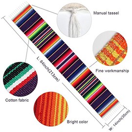 Fowecelt Camino de Mesa Mexicano Serape de 14 x 84 Pulgadas para Fiestas Mexicanas, Decoraciones de Boda, Picnics al Aire Libre, Mesa de Comedor, Caminos de Mesa de Algodón con Flecos Tejidos a Mano