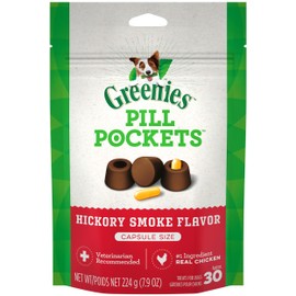 GREENIES PILL POCKETS for Dogs Capsule Size Natural Soft Dog Treats, Hickory Smoke Flavor, 7.9 oz. Pack (30 Treats)