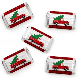 Big Dot of Happiness Merry Little Christmas Tree - Mini Candy Bar Wrapper Stickers - Red Truck Christmas Party Small Favors - 40 Count