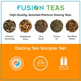 Oolong Tea Sampler Set, An Assortment of Sophisticated Oolong Teas, 5 Various Oolong Sample Pouches of Loose-Leaf Tea Including Coconut Pouchong, Elderflower Citrus, Very Velvet, Ti Kwan Yin, Goji Berry Peach by Fusion Teas