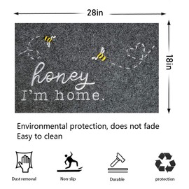 HLFMVWE Funny Bee Doormat Honey I'm Home Cute Door Mat Welcome Mats for Front Door Kitchen Rugs Indoor Porch Outdoor Non Slip Durable Rubber Mats Grey Floor Rugs for Outside Entry Farmhouse