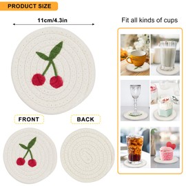 Earndodo Round Cherry Woven Drink Coasters, 5 Inches Cotton Rope Coasters for Drinks, Boho Fruit Design Heat Resistant Cup Coasters for Coffee Table
