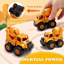 Lovinkiki Construction Truck Toys for Toddlers 1-3, Push and Go Toy Vehicles Set with Mixer, Dump Truck, Excavator, Bulldozer, Friction Powered Cars for Boys and Girls, Gift for 2 3 4 5 Year Old Kids