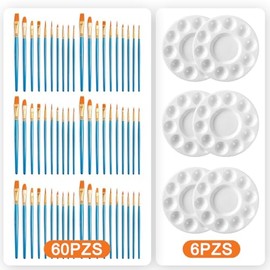 Kit 66pzs Pinceles para Pintura Acrilica,Incluir 60 Cepillos de Pintura Profesionales + 6 Paleta para Pintura con 10 Agujeros,Pinceles para Oleo Acuarela,para Artistas, Niños, Cabeza Plana y Punta