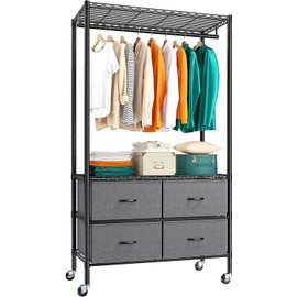 Raybee Rolling Clothes Rack, Clothing Racks for Hanging Clothes Heavy Duty Clothing Rack with Wheels Adjustable Portable Clothes Rack with 4 Fabric Drawers Metal Wire Garment Rack, Black