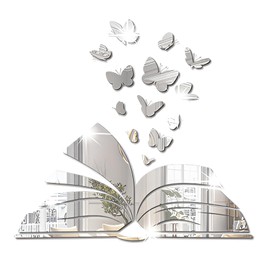 Gripebao Reading Corner Decor Acrylic Mirror Stickers, Peel and Stick Book Lover Butterfly Wall Stickers, Vinyl Read Sign Wall Deal, Home Library Wall Art Decoration for Classroom Reading Nook, Silver