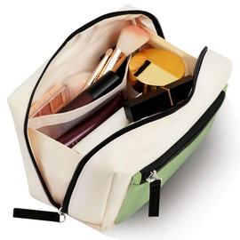 TOPEAST 2 Pieces Makeup Bag, Quilted Make Up Bags Travel Cosmetic Pouch for Women, Large Skincare Brushes Storage Organizer Purse Toiletry Bag Set for Traveling, Beige Green