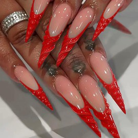 Long Stiletto Press on Nails Red French Tips Fake Nails with Design 3D Artificial Drip Gel Glue on Full Cover Acrylic Nails Glossy False Nail Stick on Nail for Women 24 Pcs Wedding Nail Art