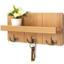 Rebee Vision Farmhouse Key Holder for Wall: Decorative Small Mail Organizer with Shelf and Rustic Mail Holder with 3 Anchor Key Hooks - Retro Home Decor Wall Mount for Entryway, Hallway (Light Brown)