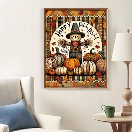 Fall Scarecrow Pumpkin Leaf Diamond Painting Kits for Adults, 5D Diamond Art Kits for Adults Beginners, DIY Full Round Drill Diamond Dot Painting Gem Art Kits for Adult, Home Wall Decor 11.8x15.7 Inch
