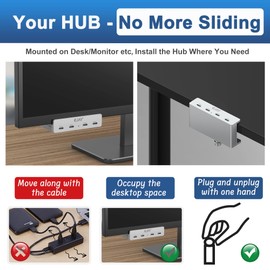 EJAY 10Gbps USB C Hub 4Ports Aluminum USB 3.2 Docking Hub Clamp Design for Desk/Computor with Extra Power Supply Port and 47inches Long Data Cable&39inches Power Cable (Sliver)