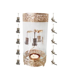 Rotary Candle Holder Hurricane Spinning Candleholder Glass Tea Light Candlestick for Table Centerpiece Christmas Valentine's Day Party Decor and Gift (Round Glass & Hummingbird)