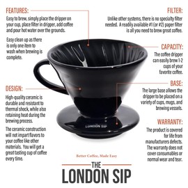 The London Sip Ceramic Coffee Dripper Pour Over Ceramic Coffee Maker, Coffee Slow Brewing Accessories for Home, 1-2 Cup, Black