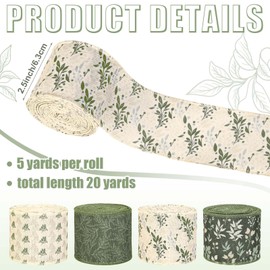 4 Rolls 20 Yards Sage Green Wired Edge Ribbon 2.5 Inch Spring Botanical Floral Buralp Ribbon Greenery Flower Fabric Ribbon for Gift Wrapping DIY Bow Wreath Making Spring Holidays Party Decorations