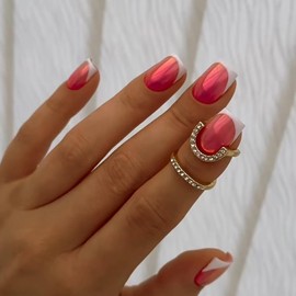 Vezocim Aurora Red Press on Nails Square Short, 24Pcs Glossy Artificial French Fake Nails with Designs, Full Cover Acrylic Coffin False Fingernails with Charm for Women Girls