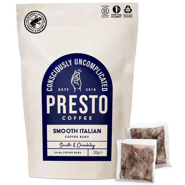 Presto Coffee Bags Smooth Italian Ground Coffee X 25 Bags Medium Roast Chocolate & Almond Notes Rainforest Alliance Certified Arabica Fully Recyclable Packaging